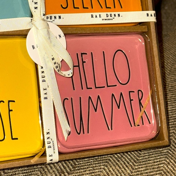 NWT HTF Rae Dunn Ceramic 4 Piece Boxed Bright Coasters Good Vibes Sun Seeker - Picture 6 of 7